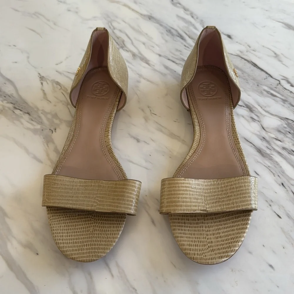 Tory Burch Savannah D'Orsay Flat Sandals Tan Embossed Leather Strap‎ Front Sz 10